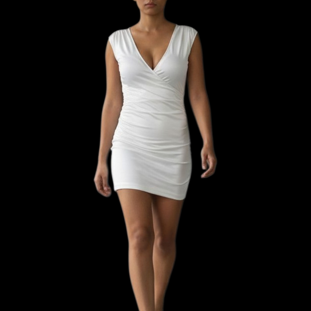 Halston Heritage White Ruched Mini Dress Silky Shiny Jersey Bodycon Plunging XS